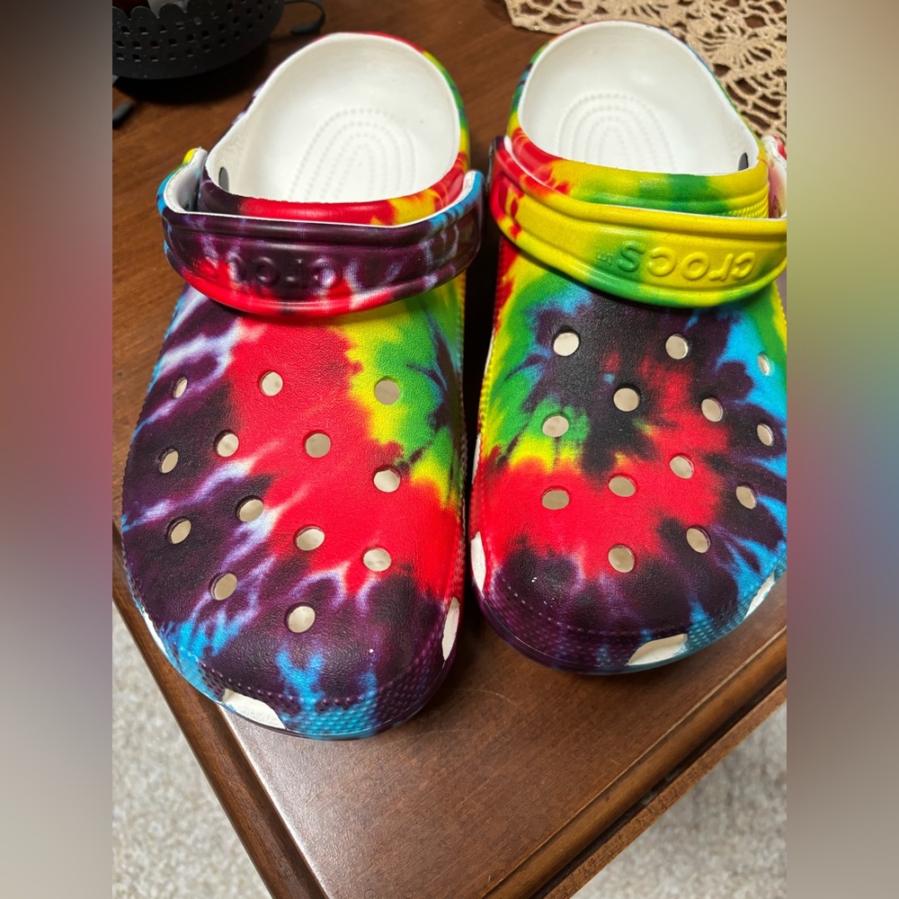 Rainbow tie dye crocs